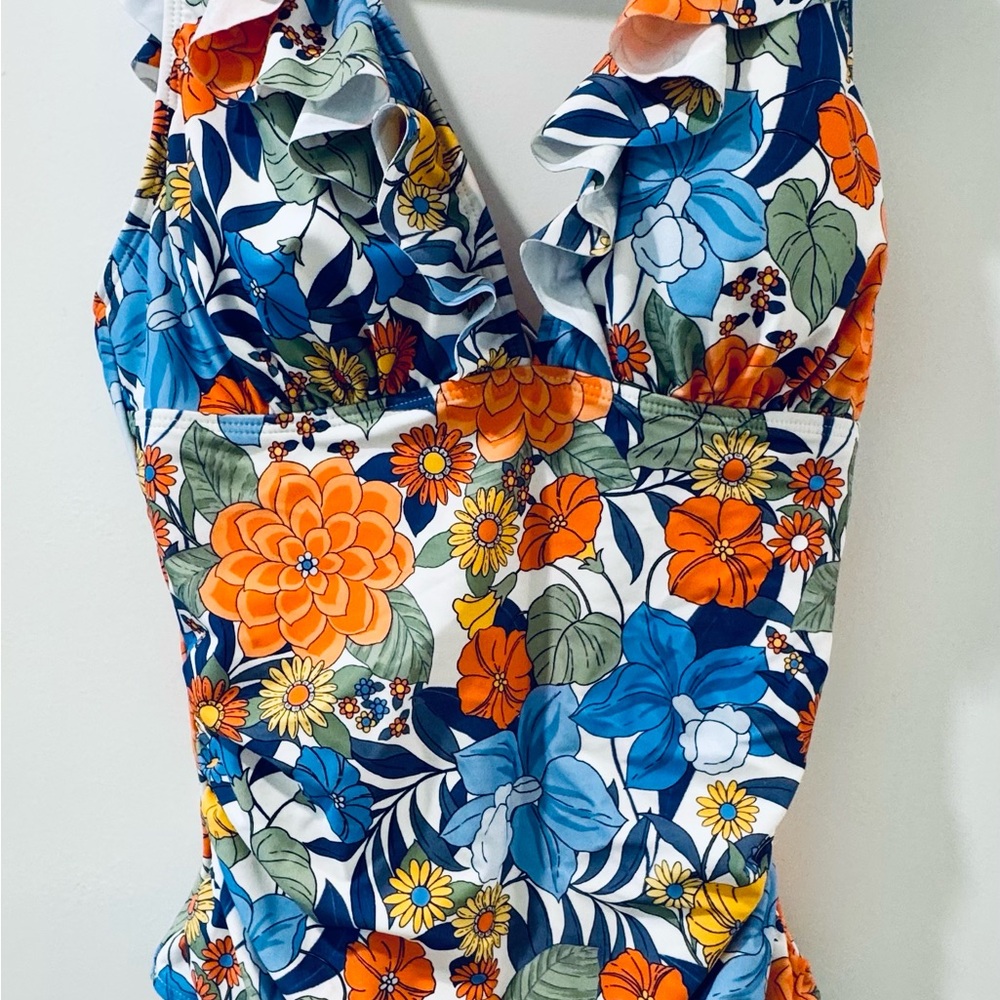 Floral Halter One-Piece Swimsuit - Multicolor Blue & Orange